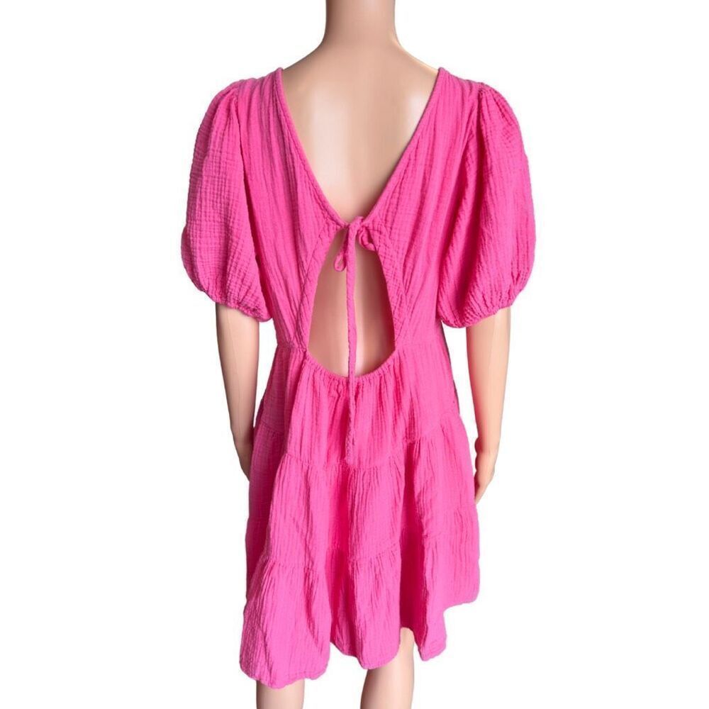 Xirena Nissa Pink Cotton Gauze Tiered Mini Dress V Neck Open Tie Back Large - Picture 7 of 9